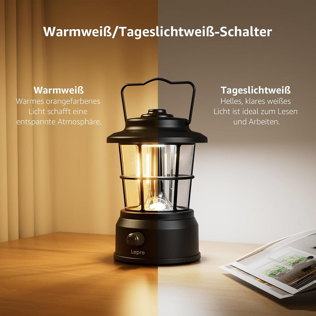 Lepro LED Retro Campinglampe wiederaufladbar dimmbar Powerbank IPX4 schwarz