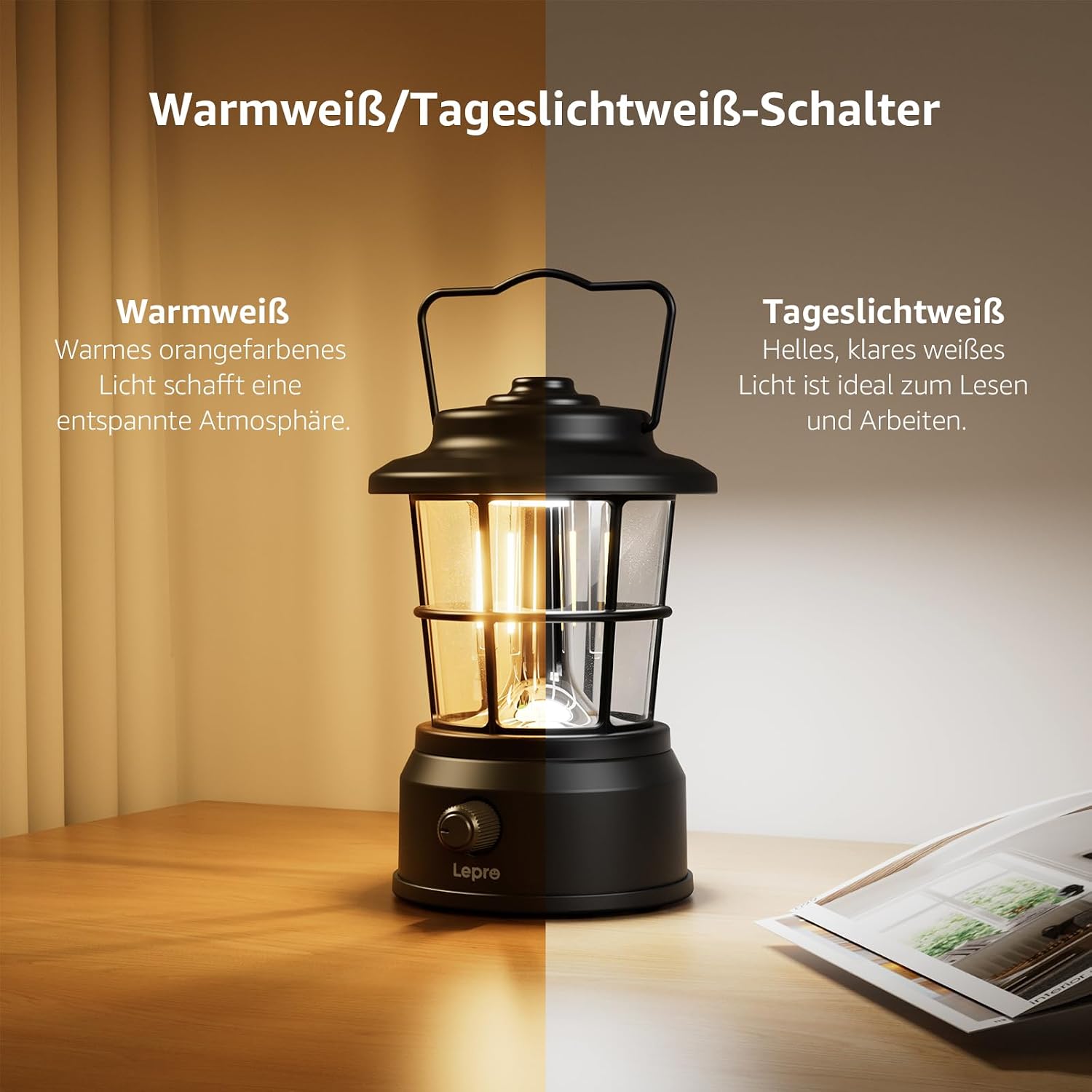 Lepro LED Retro Campinglampe wiederaufladbar dimmbar Powerbank IPX4 schwarz
