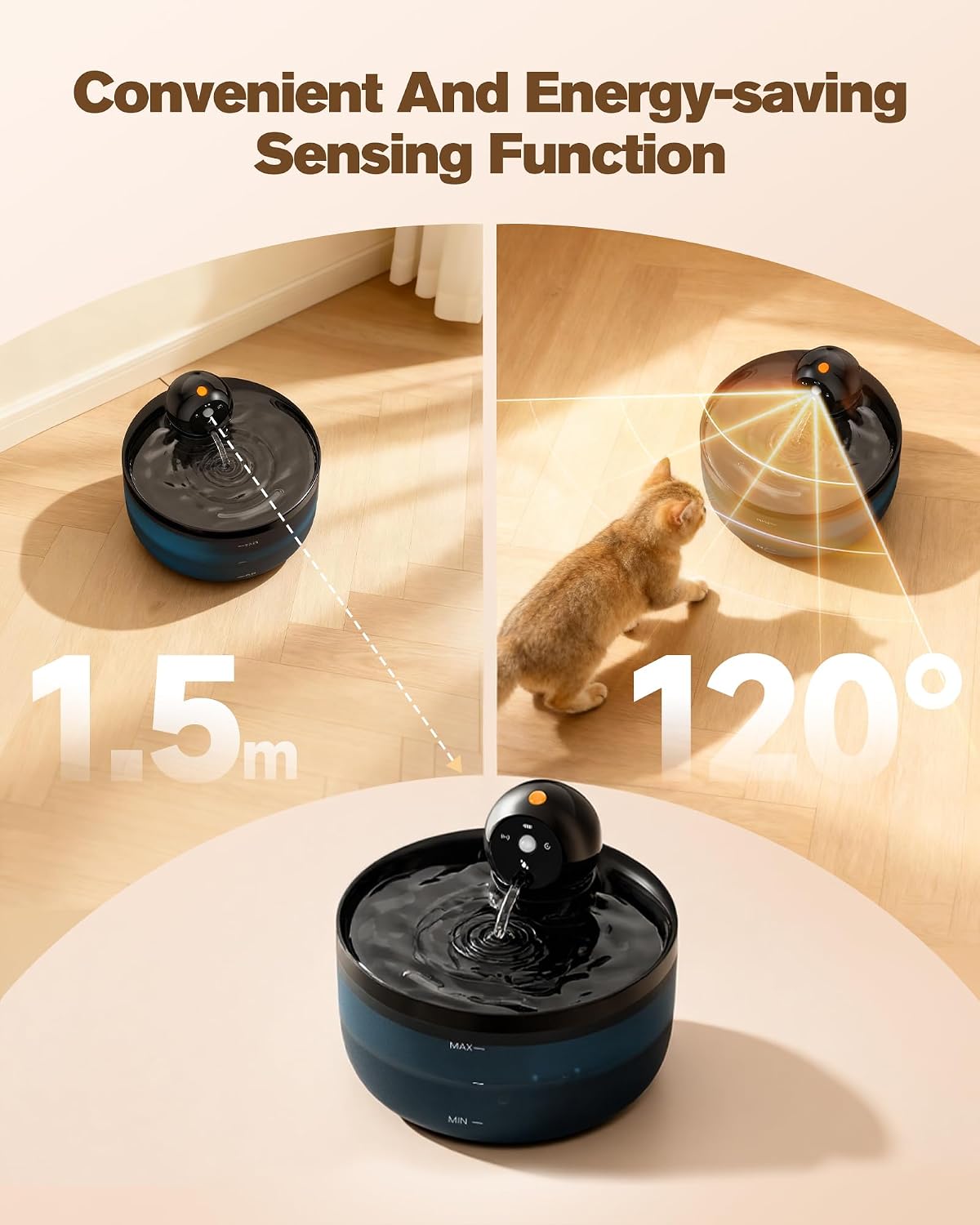 Katzen Trinkbrunnen kabellos mit Sensor Akku, 6 Kohlefilter + 3 Schwaemme, Schwar