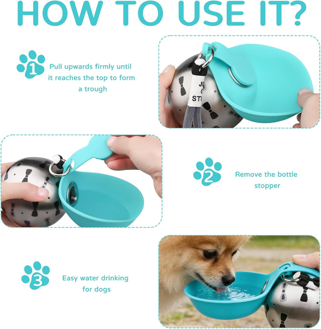 Tragbare Hundetrinkflasche Edelstahl mit faltbarem Silikonnapf Blau
