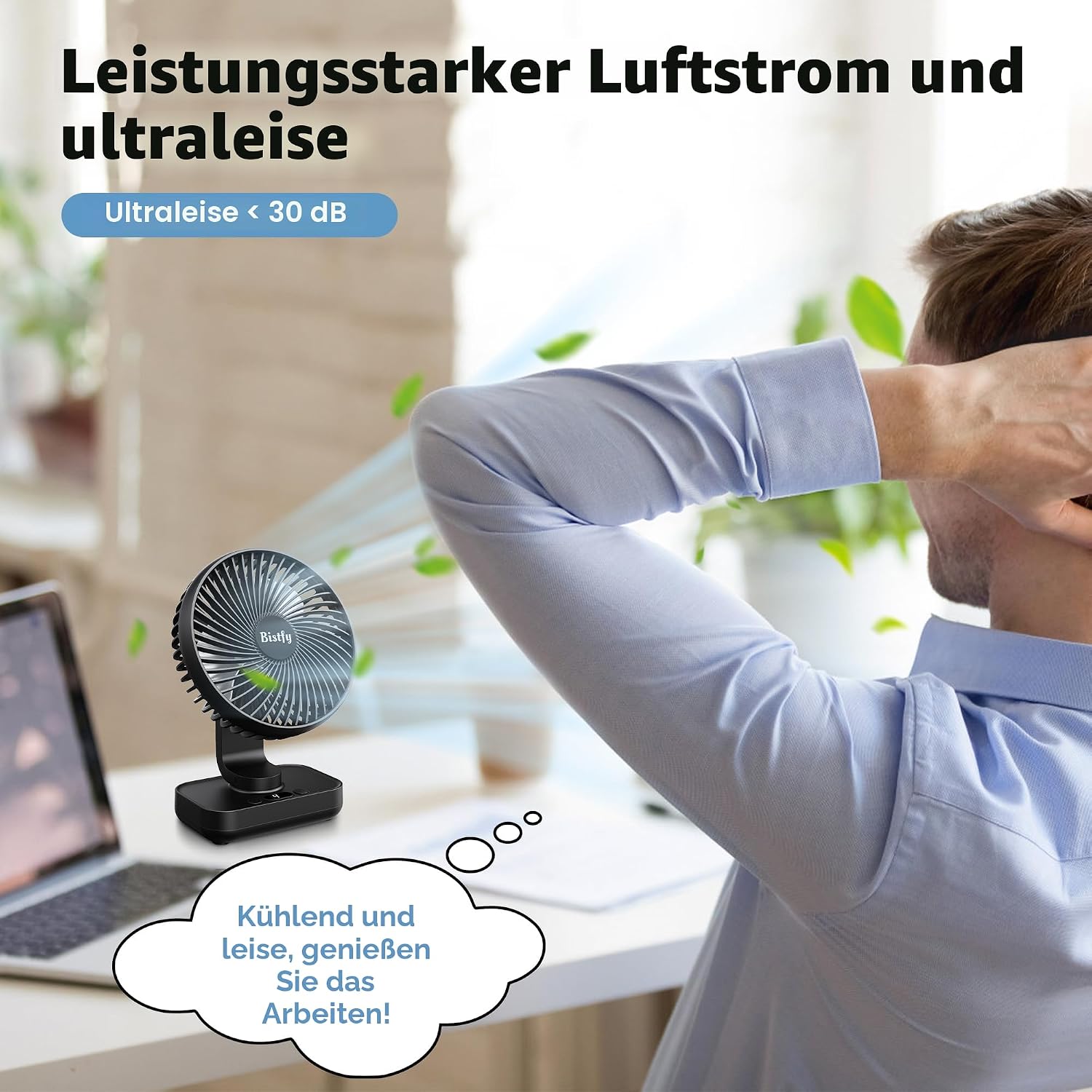 Tischventilator 5,5" Akku 4500 mAh oszillierend Leise 4 Geschwindigkeiten USB