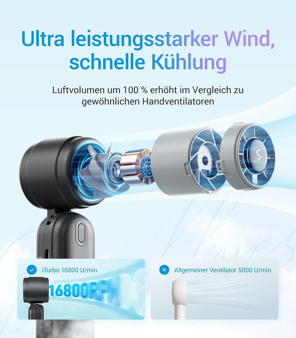 Diveblues iTurbo Handventilator 3-in-1 Hand Hals Tisch 5 Stufen LED Akku