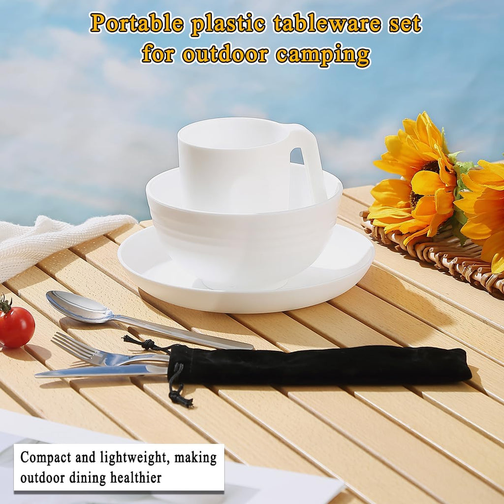 ReaNea Camping Besteckset mit Messer Gabel Loeffel Tasse Schuessel Teller