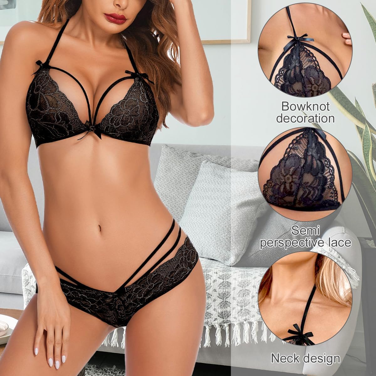 Damen Dessous Set Spitze transparent floral Sexy Unterwaesche 2-teilig