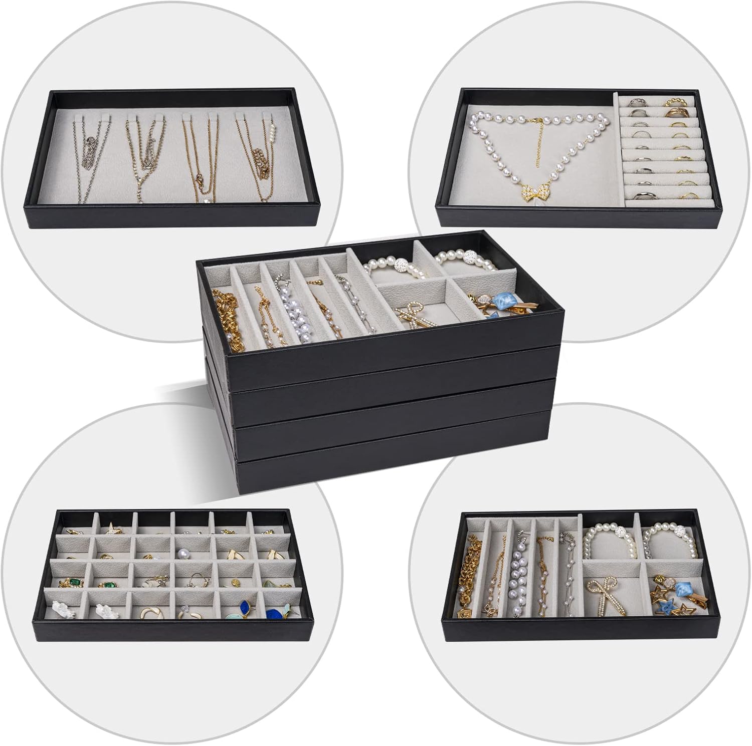 Procase Schmucktablett stapelbar mit 4 Schalen Schmuckaufbewahrung