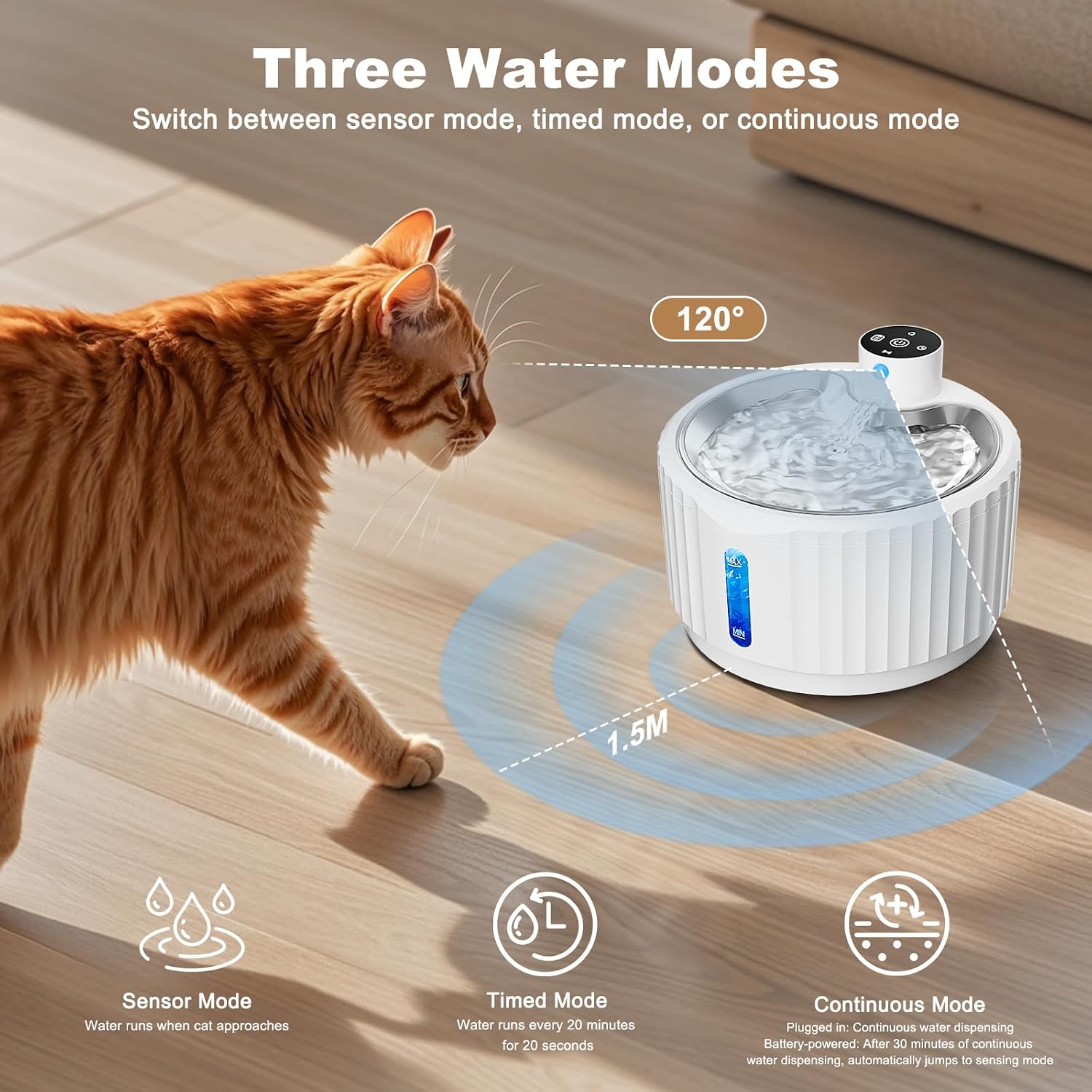 Katzen Trinkbrunnen mit 4000mAh Akku, kabellos, Bewegungsmelder, Ersatzfilt
