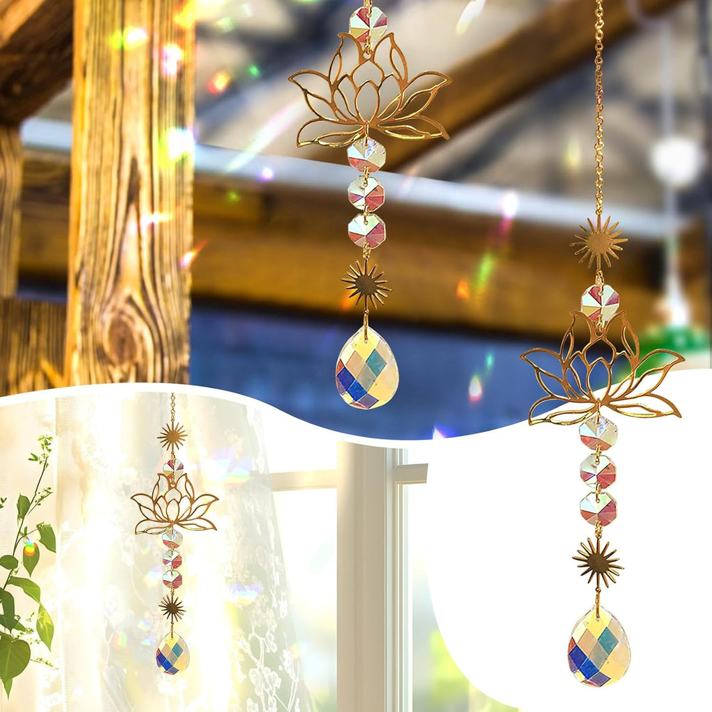 Lotusbluete Glas Sonnenfaenger mit Kristallprisma im Messingrahmen Fensterdeko