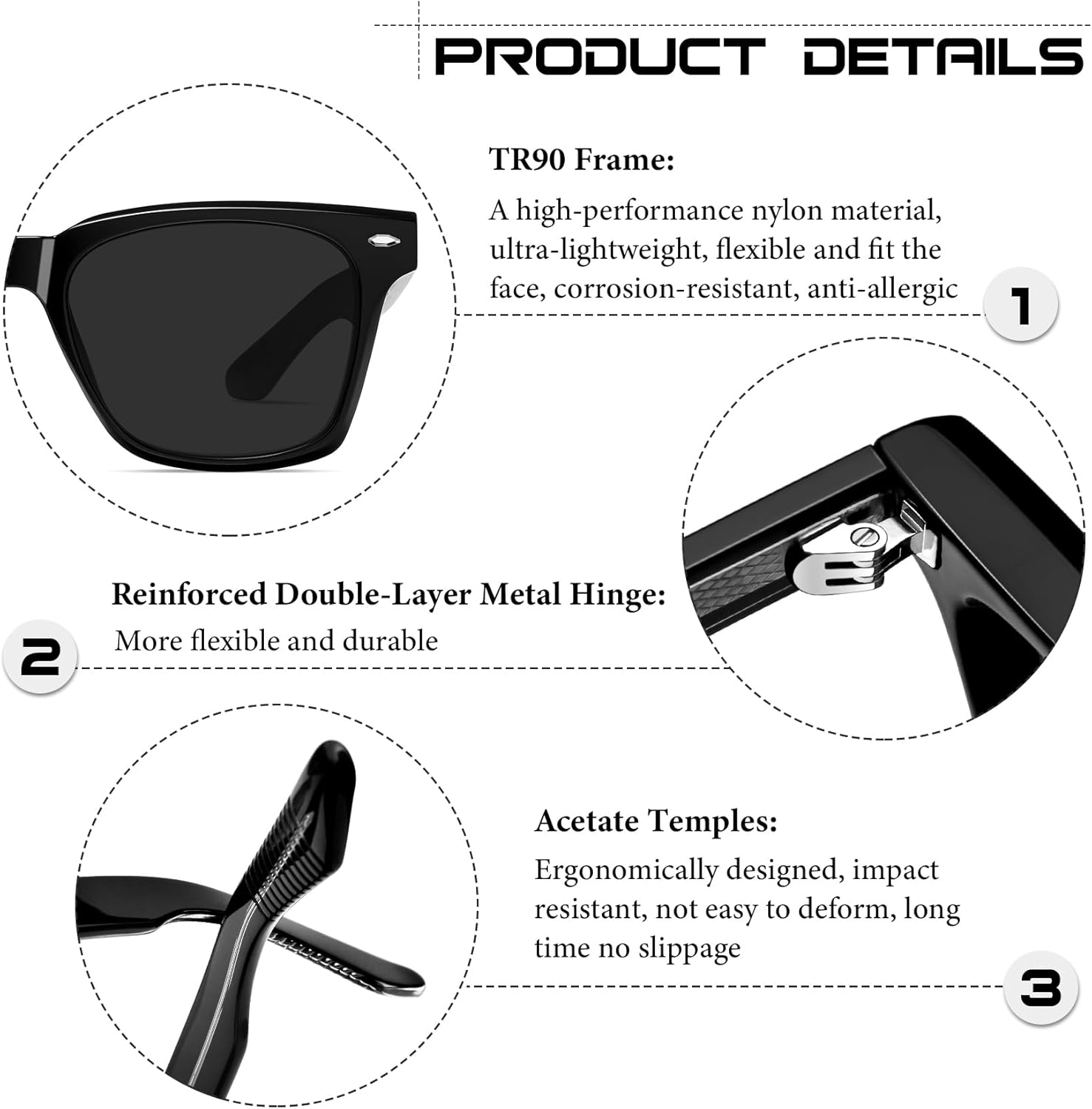 KANASTAL Herren Sonnenbrille polarisiert Retro Rechteckig TR90 Rahmen UV400