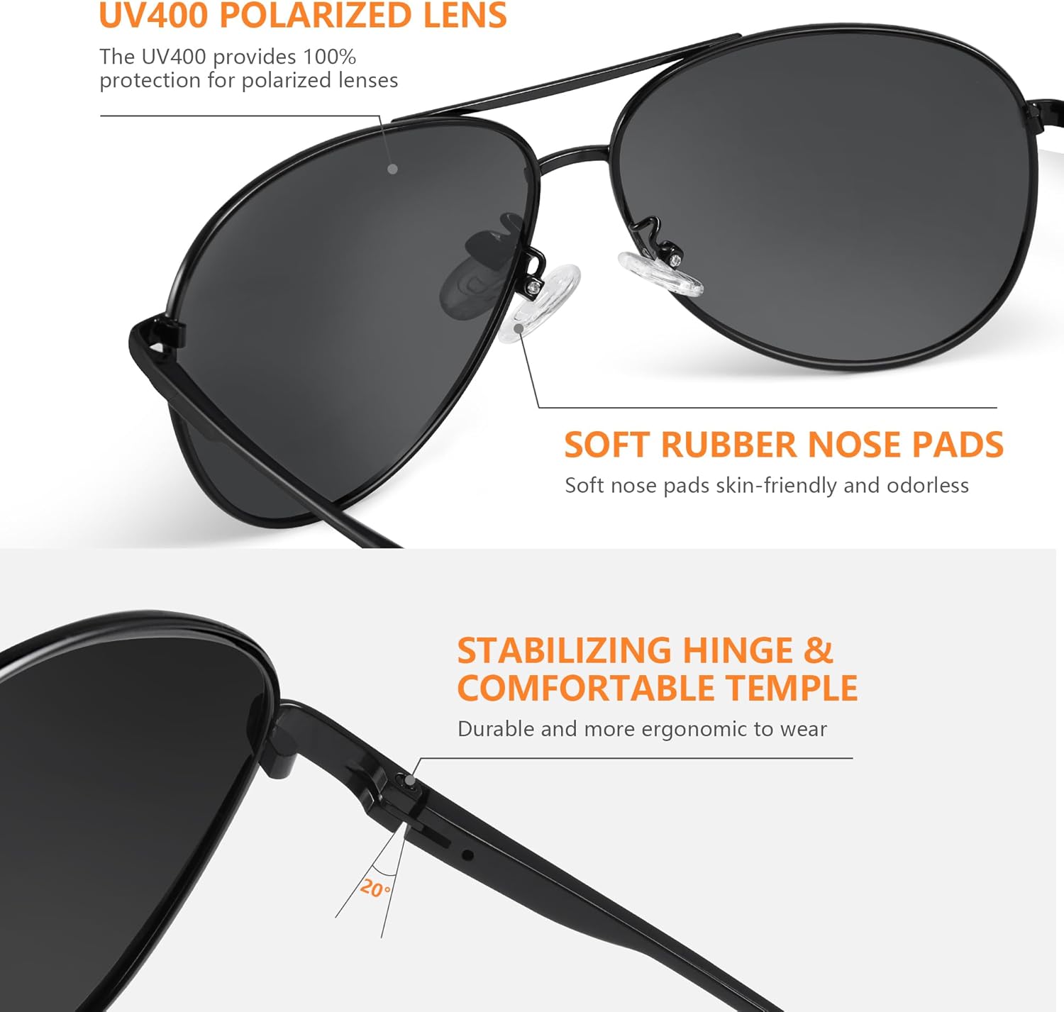Polarisierte Sonnenbrille Unisex UV400 Fliegerstil ultraleicht schwarz