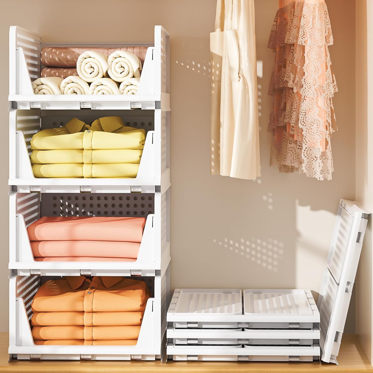 Schrank Organizer 4er Set faltbar stapelbar Aufbewahrungsboxen Weiss