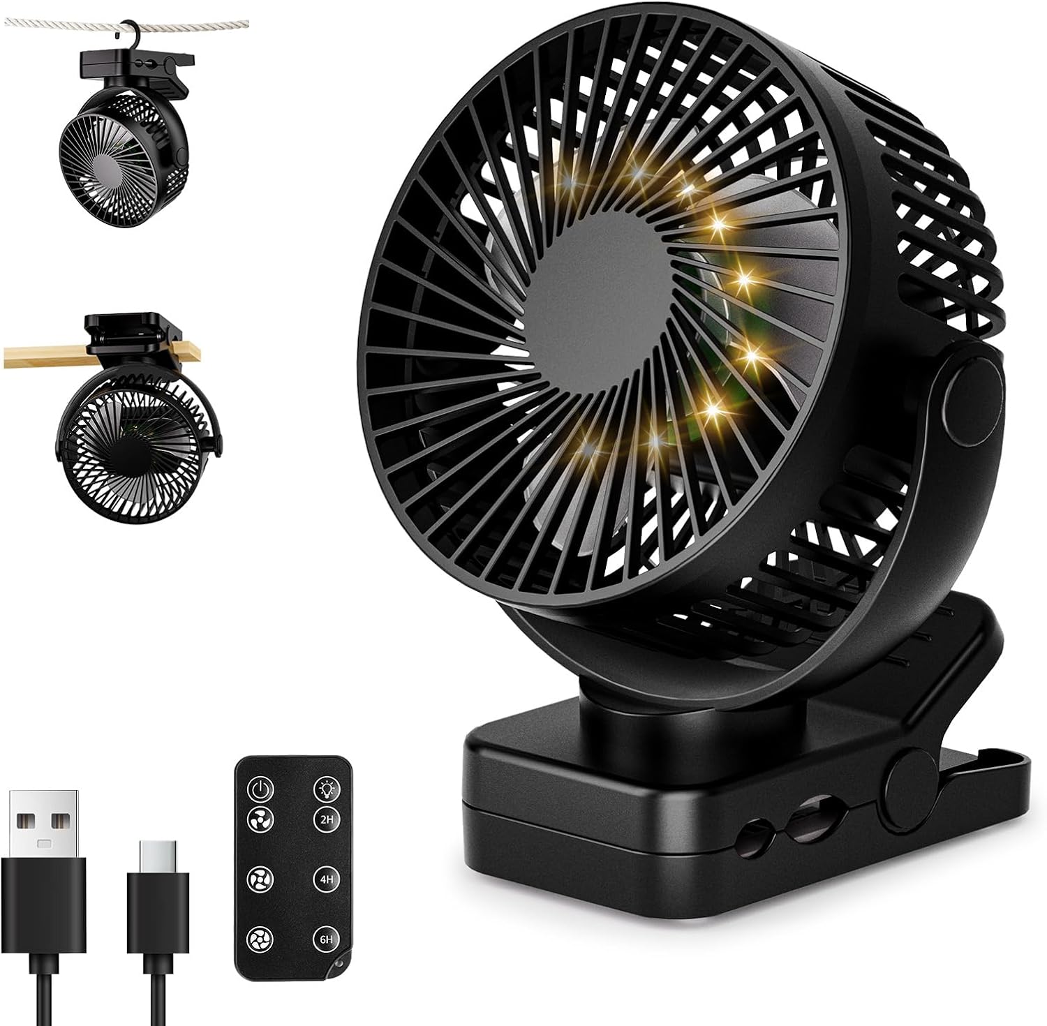 USB Tischventilator mit 12000mAh Akku, Clip, Fernbedienung, Licht, Timer, 360°