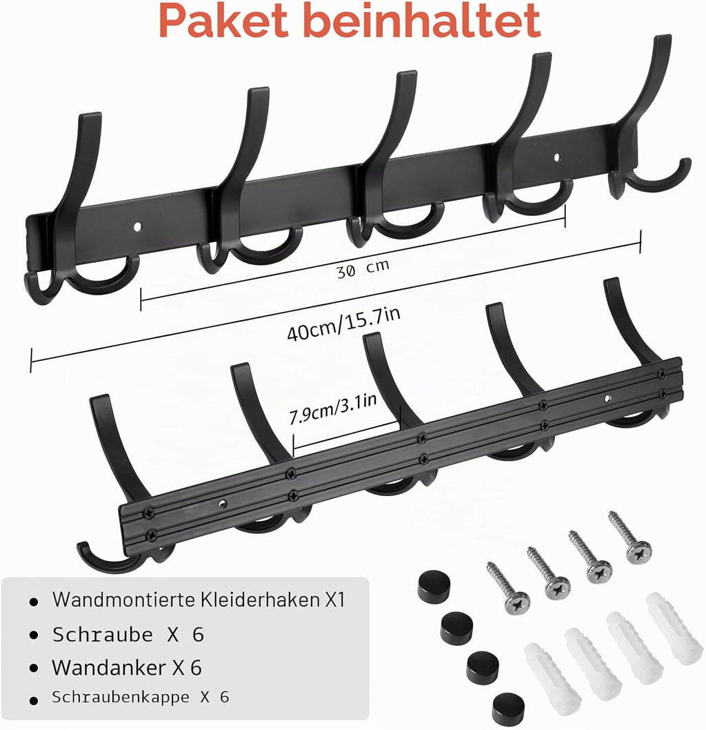 Garderobenhaken Wand 2er Set schwarz 15 Haken Hakenleiste Metall