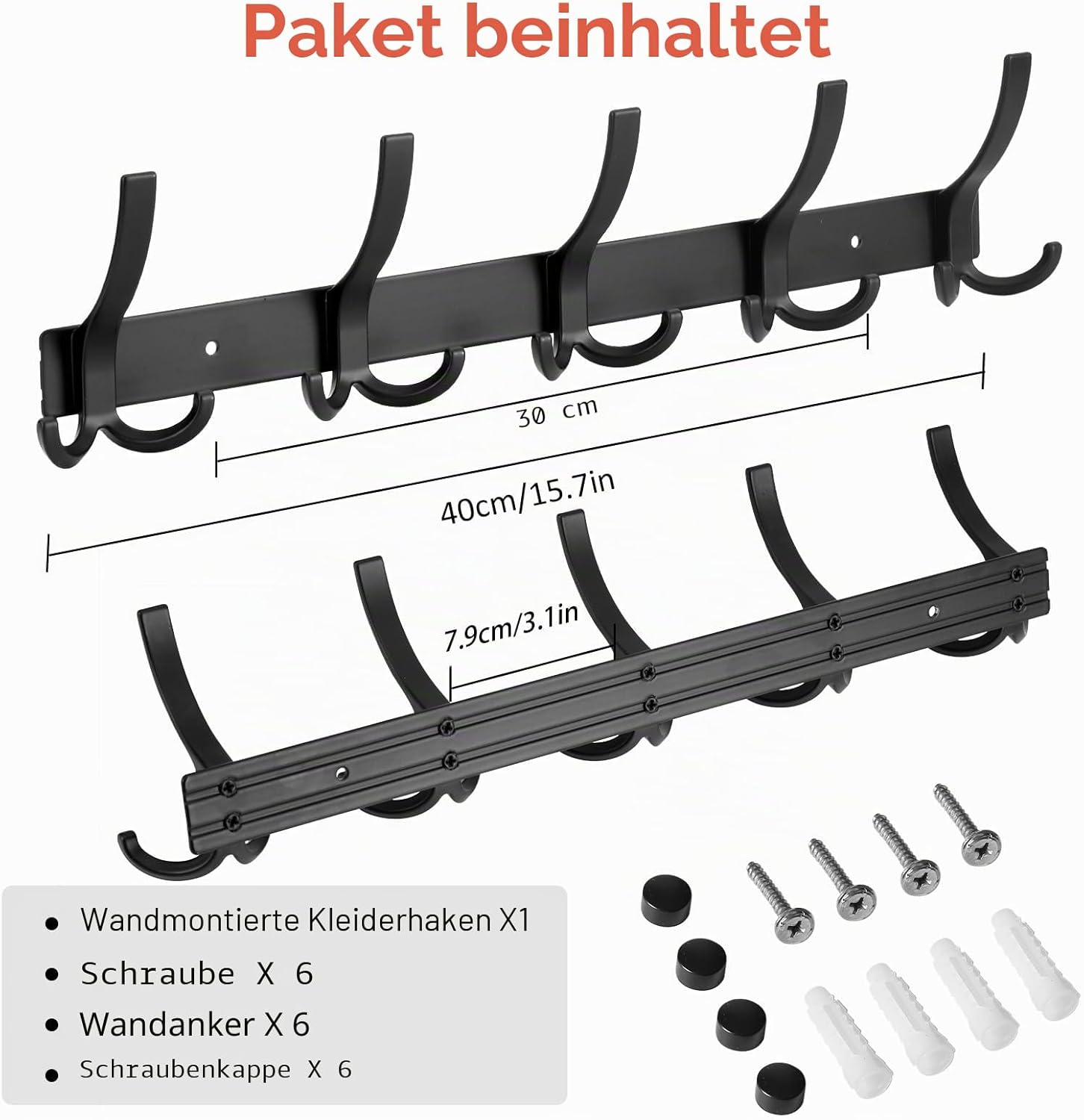 Garderobenhaken Wand 2er Set schwarz 15 Haken Hakenleiste Metall