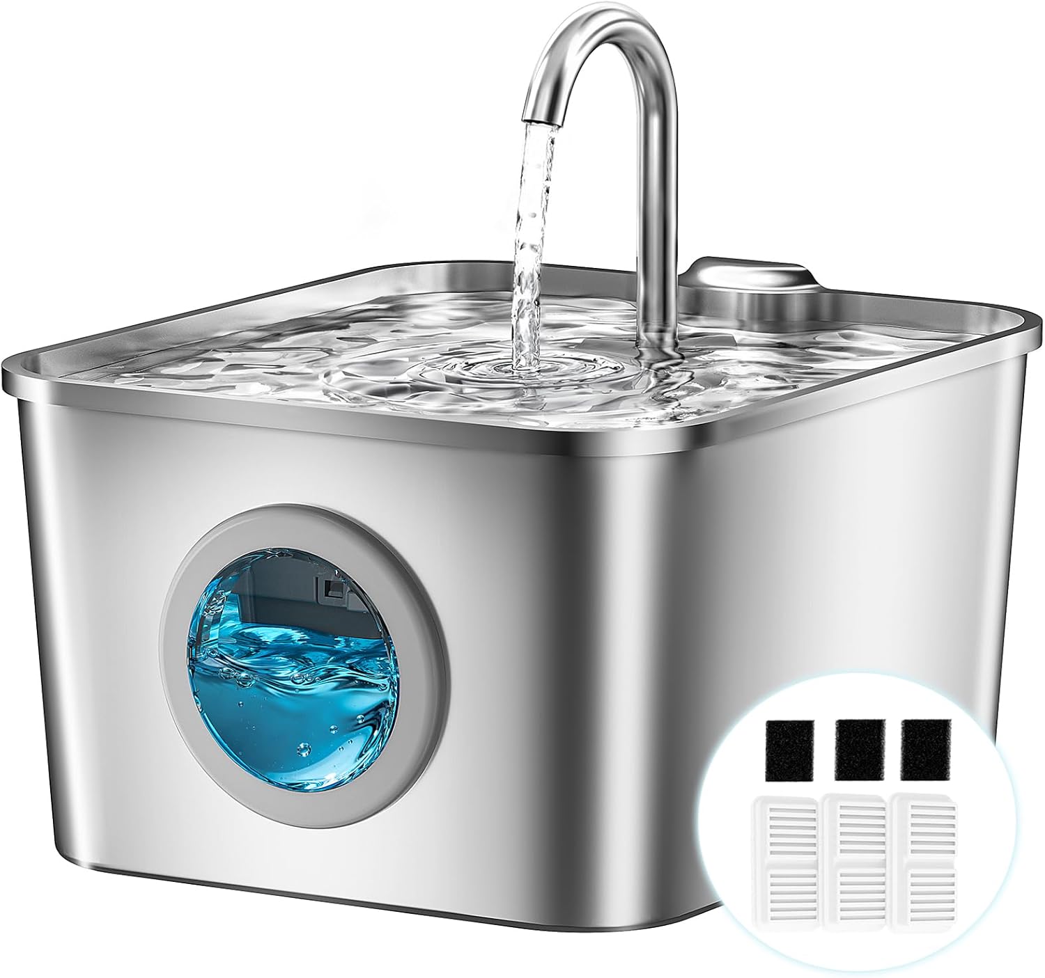 Katzenbrunnen Edelstahl leiser Trinkbrunnen mit LED Wasserstand Aktivkohlef