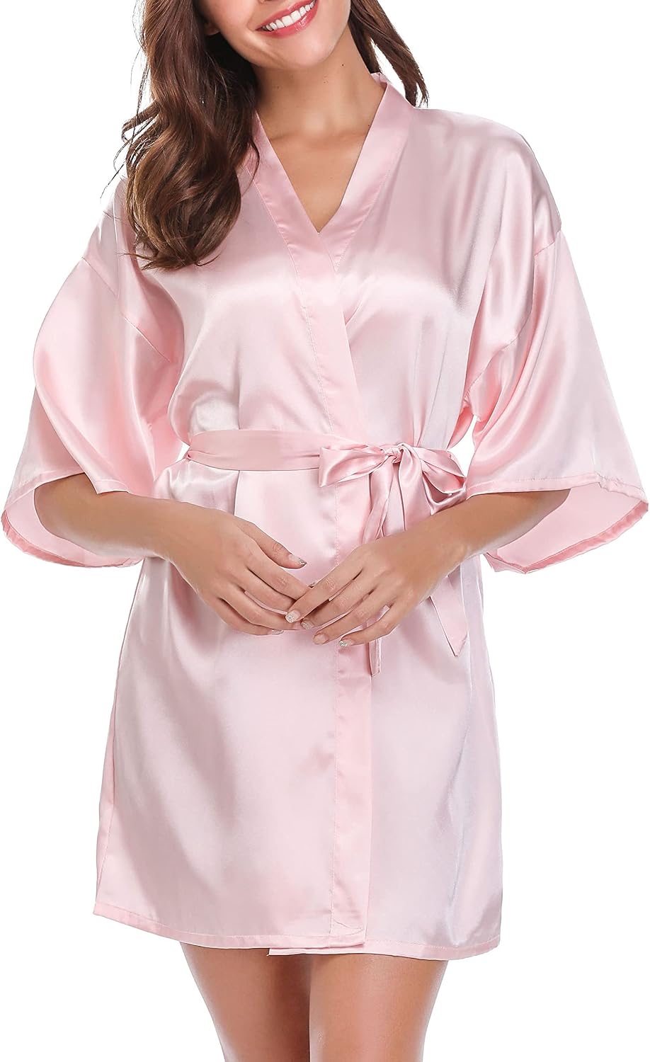Vlazom Satin Kimono Damen kurz V‑Ausschnitt mit Guertel S-XXL