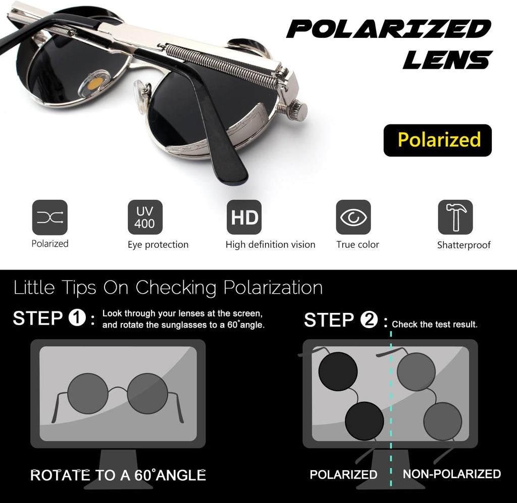 CGID Sonnenbrille rund Polarisiert UV400 Metallrahmen Retro Steampunk Unisex
