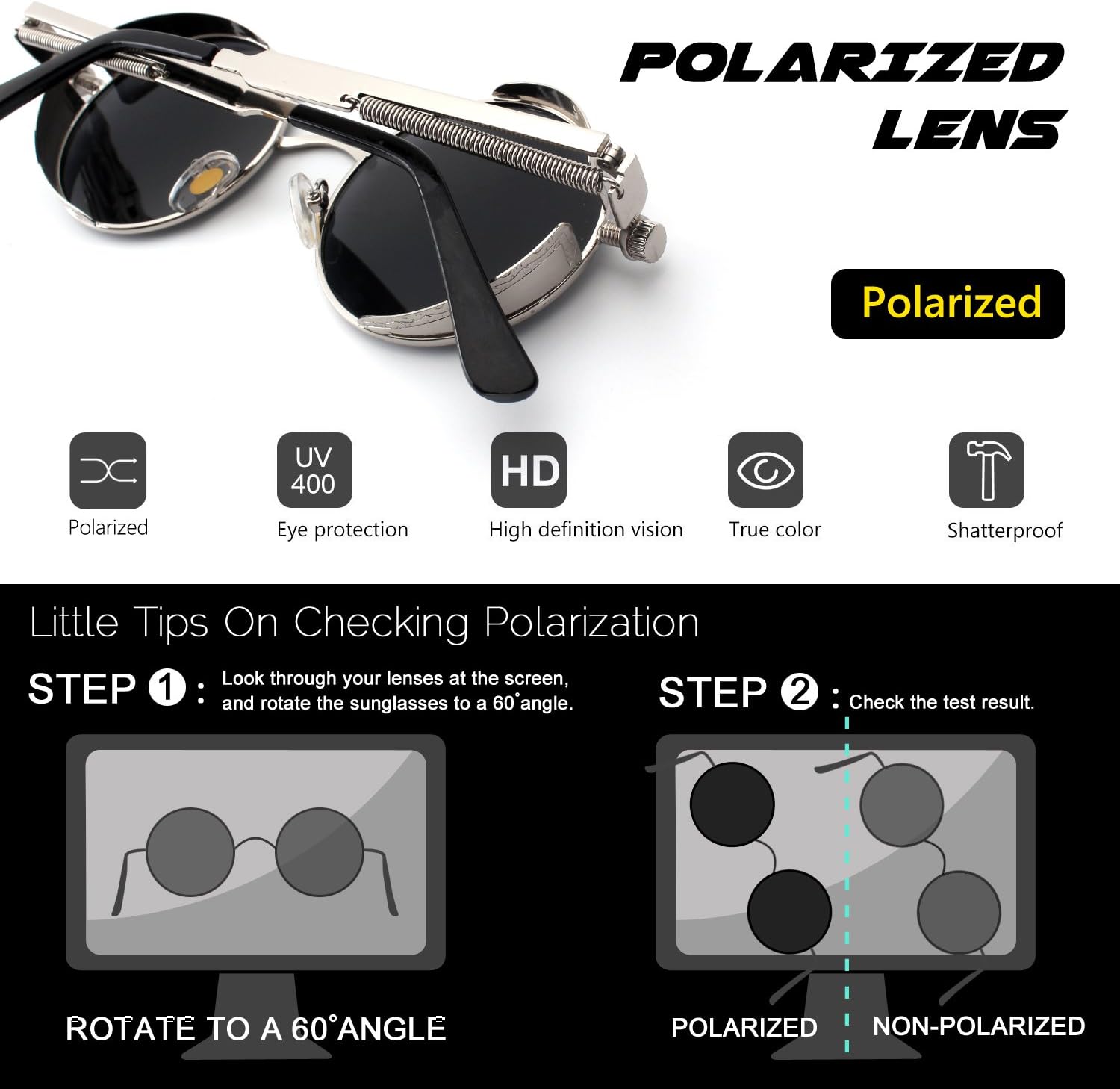 CGID Sonnenbrille rund Polarisiert UV400 Metallrahmen Retro Steampunk Unisex
