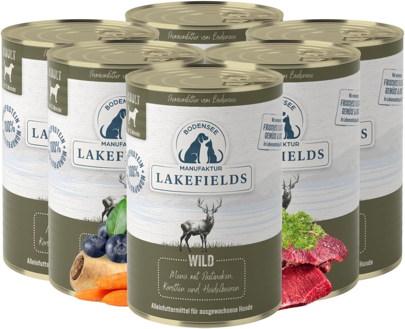 Lakefields Hundefutter Nass Wild 59% 6x400g getreidefrei schonend gegart -80