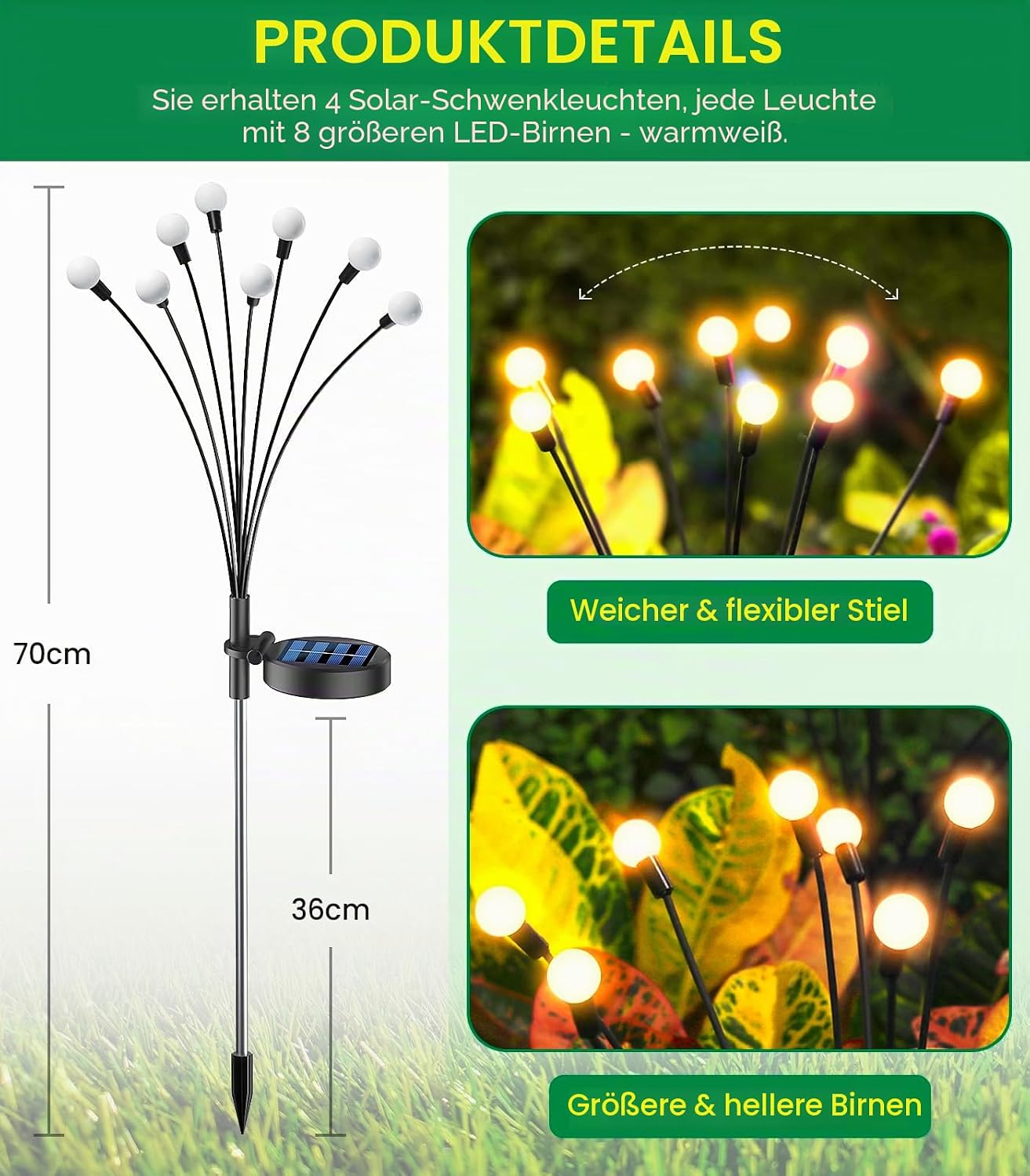 GEARLITE Firefly Solarlampen 4er Set, 32 LED Warmweiss, IP65 Gartenbeleuchtung