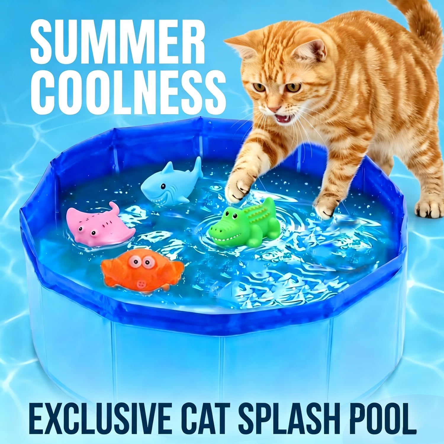Faltbarer Katzenpool 50×10 cm mit 6 Schwimmspielzeugen, tragbar fuer Hunde