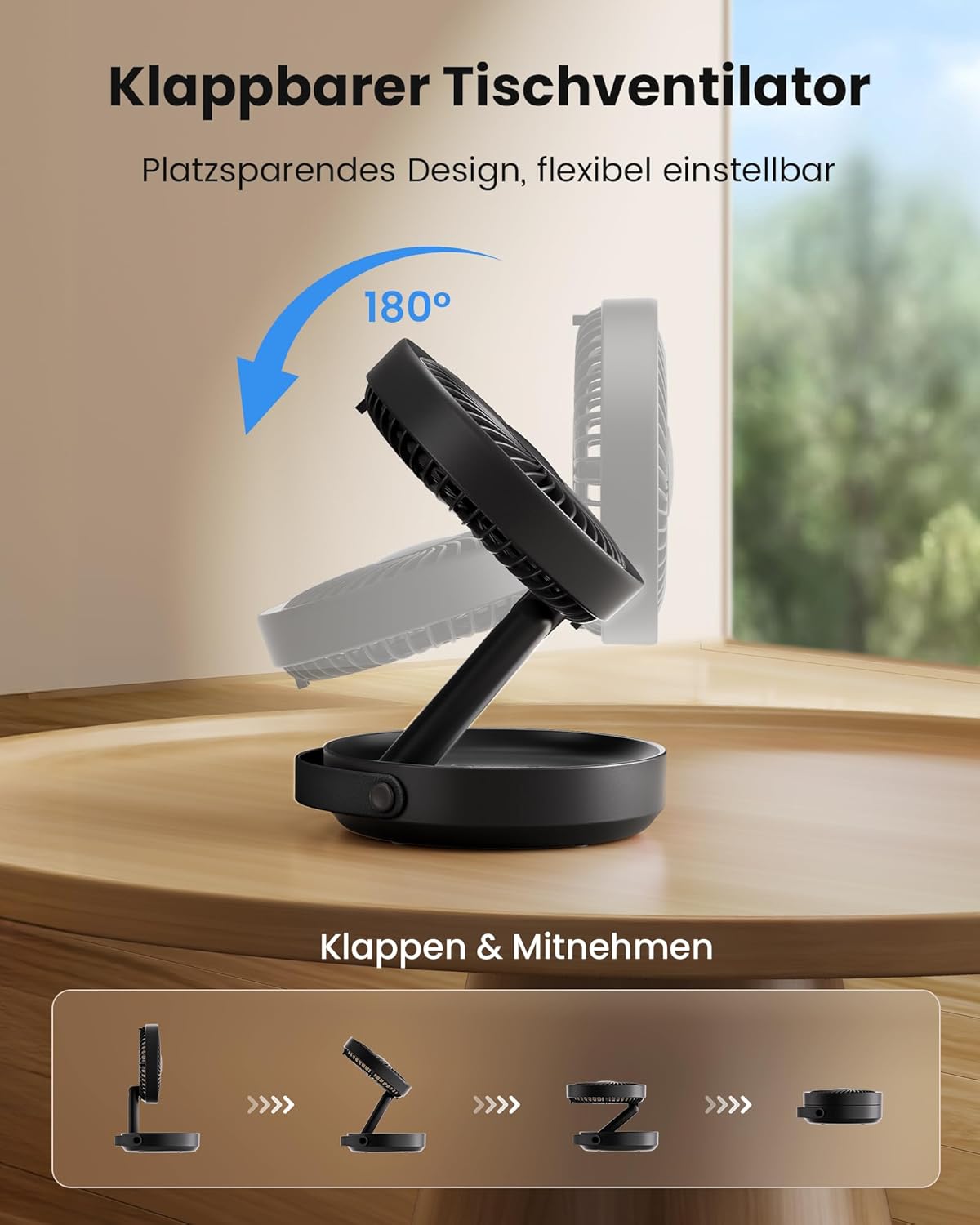 Gaiatop 17 cm Faltbarer Tischventilator 6000 mAh Akku USB leise mit Nachtlicht