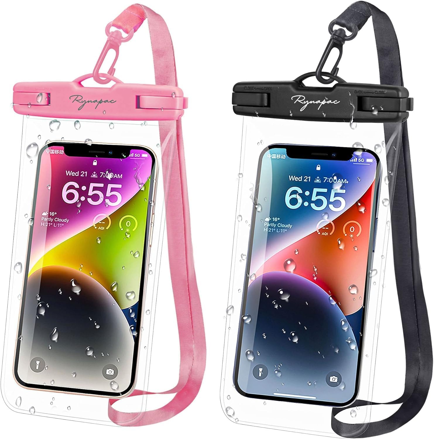 Rynapac wasserdichte Handytasche IPX8 bis 7" 2er Set Schwarz+Gruen fuer iPhone 16/