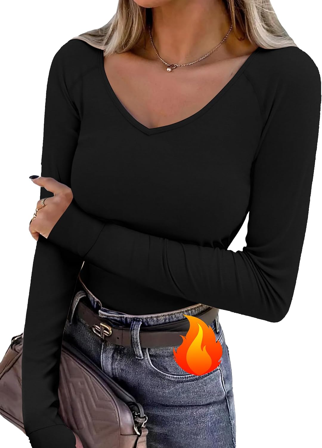 Thermoshirt Damen Langarm V-Ausschnitt mit Daumenloechern Innenfleece S-3XL