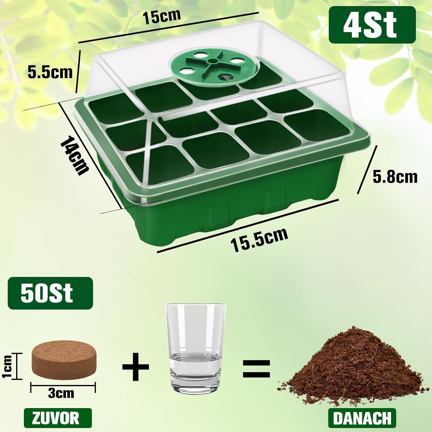 Zimmergewaechshaus Anzuchtkasten 48 Zellen mit Kokos Quelltabletten, 4er Set