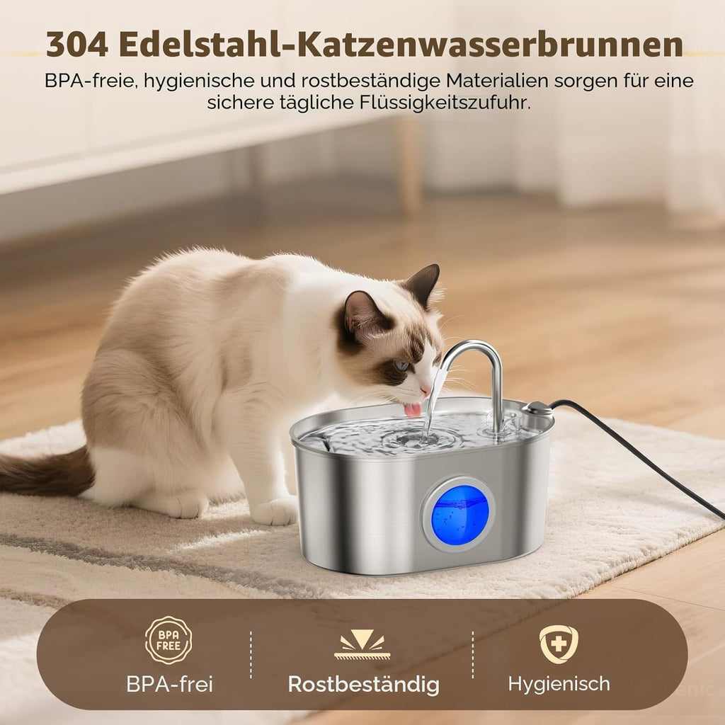 Invengo Katzenbrunnen Edelstahl leiser Trinkbrunnen mit Wasserstandsanzeig
