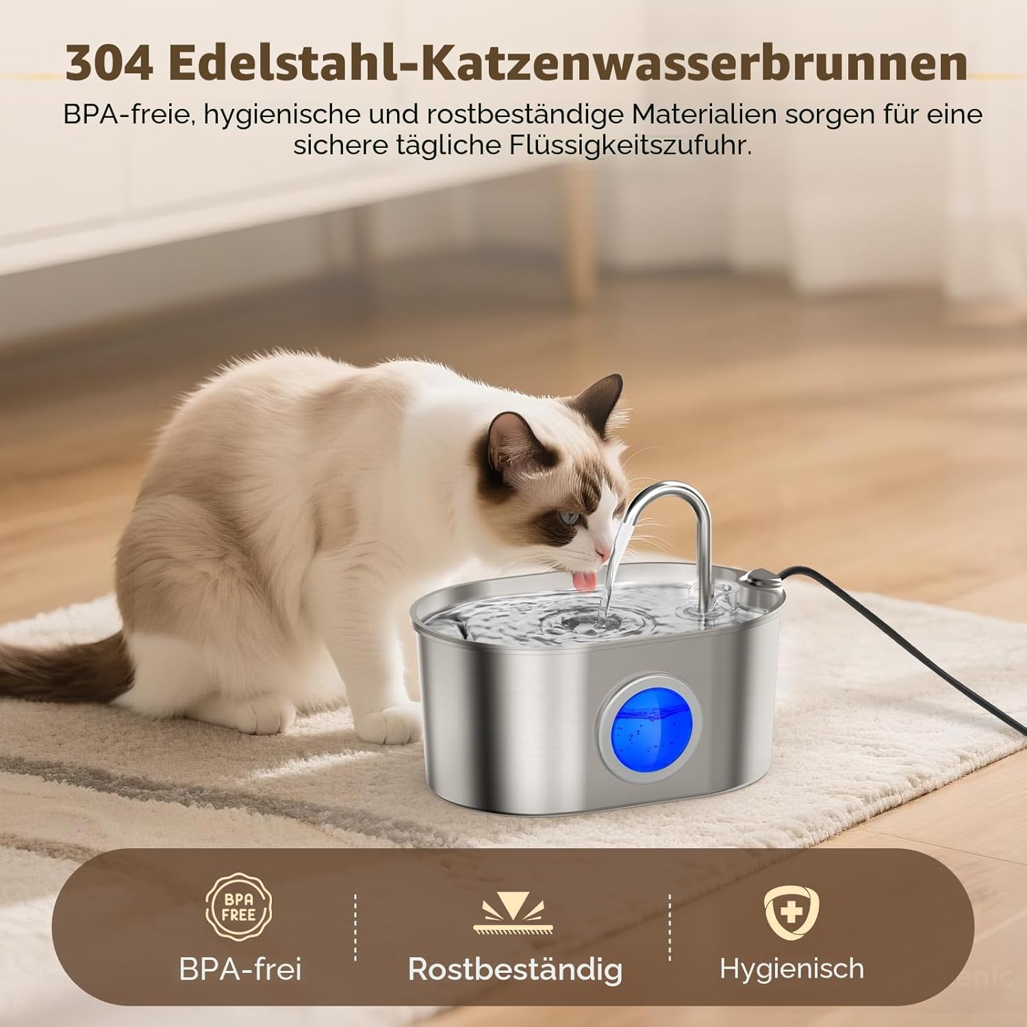 Invengo Katzenbrunnen Edelstahl leiser Trinkbrunnen mit Wasserstandsanzeig