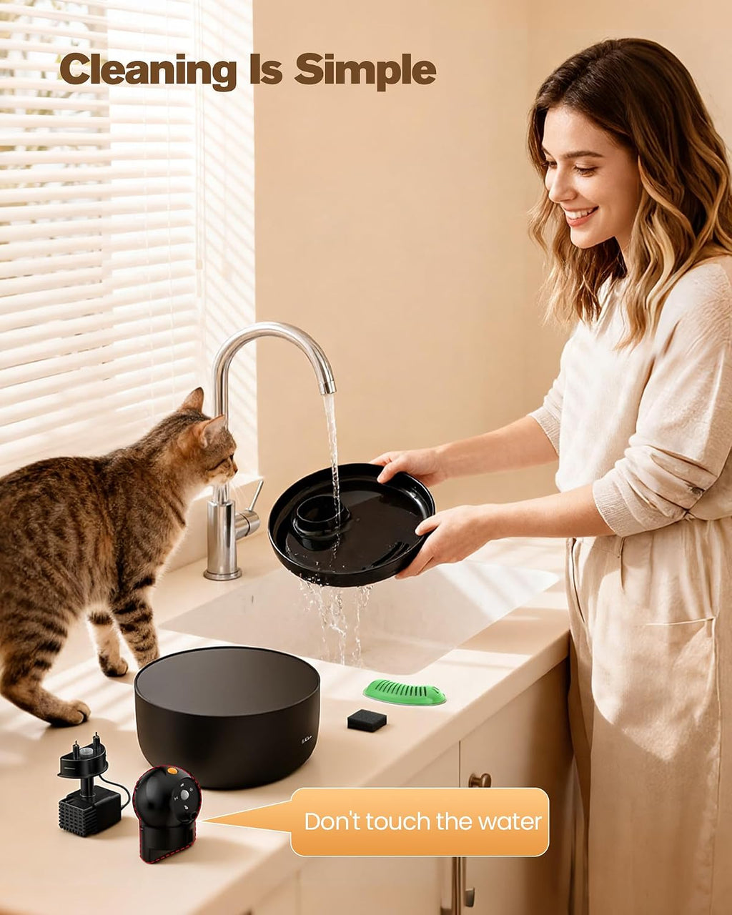 Katzen Trinkbrunnen kabellos mit Sensor Akku, 6 Kohlefilter + 3 Schwaemme, Schwar