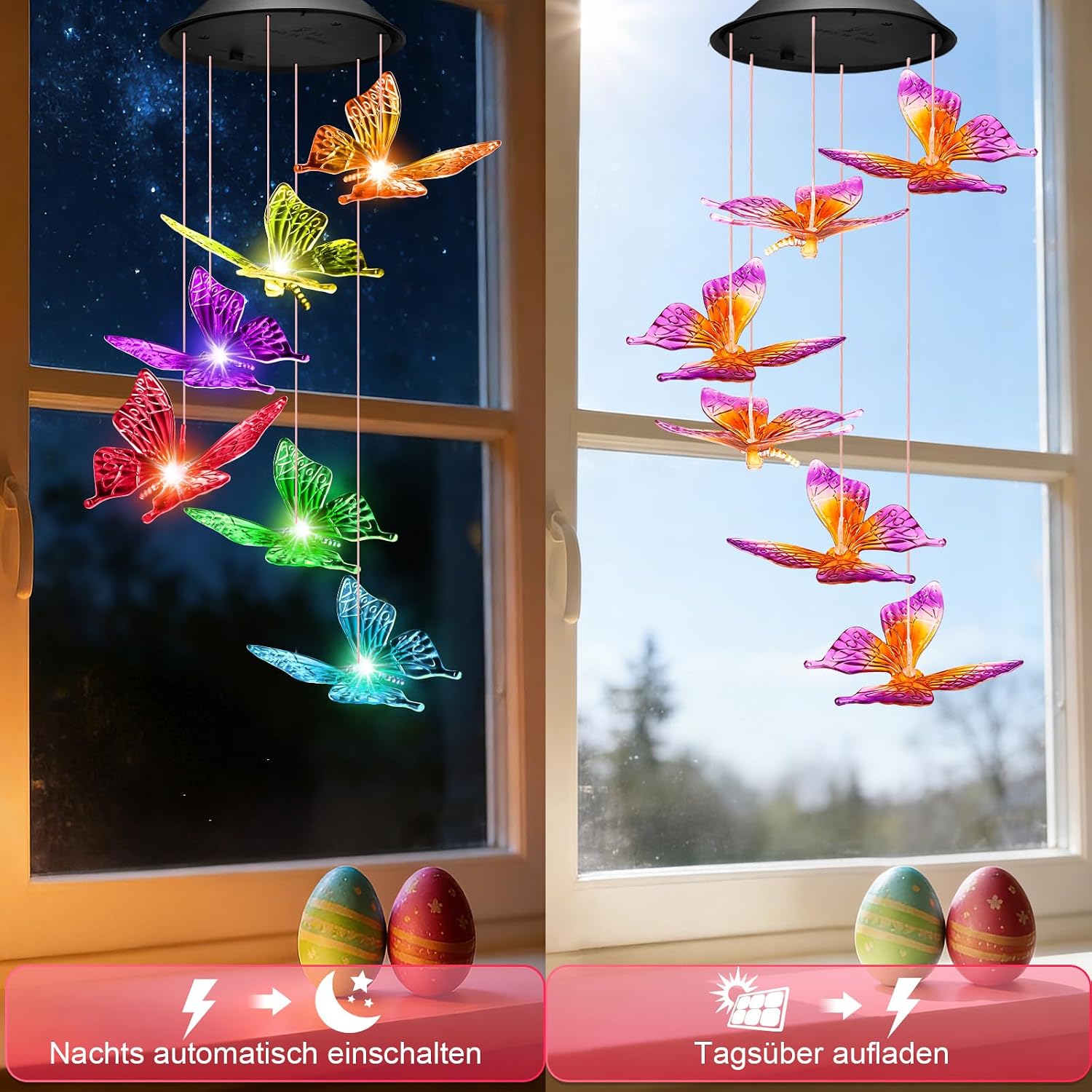 Schmetterling Solarlampe haengend fuer Garten Balkon wetterfest - Solar Windspiel