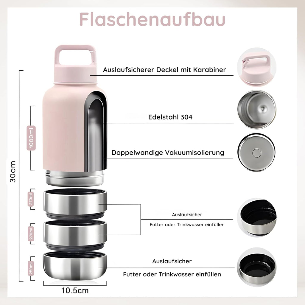 Reiseflasche 4-in-1 fuer Hunde Katzen Edelstahl isoliert auslaufsicher cr