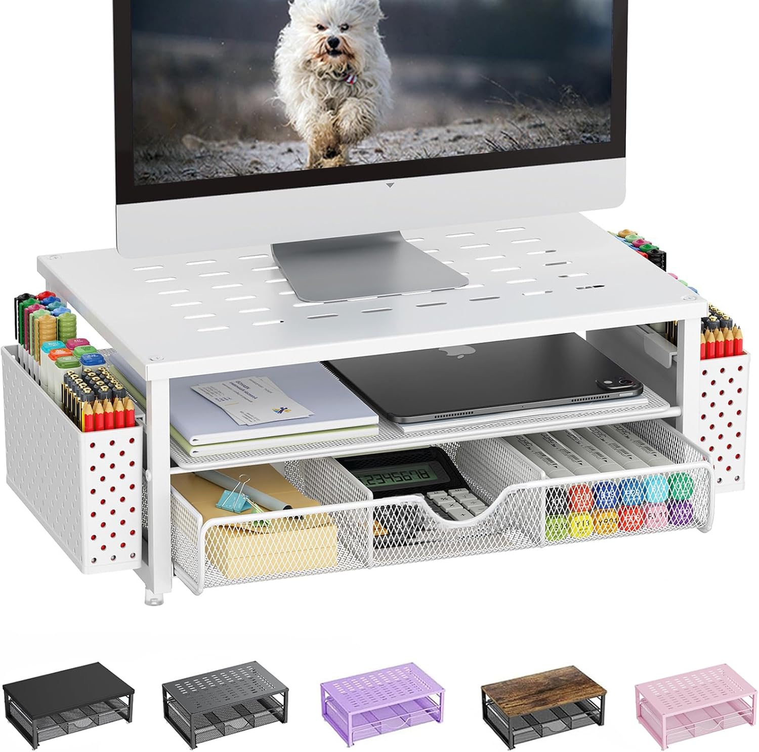 Monitorstaender mit Schublade und 2 Stifthalter Bildschirmerhoehung Lila