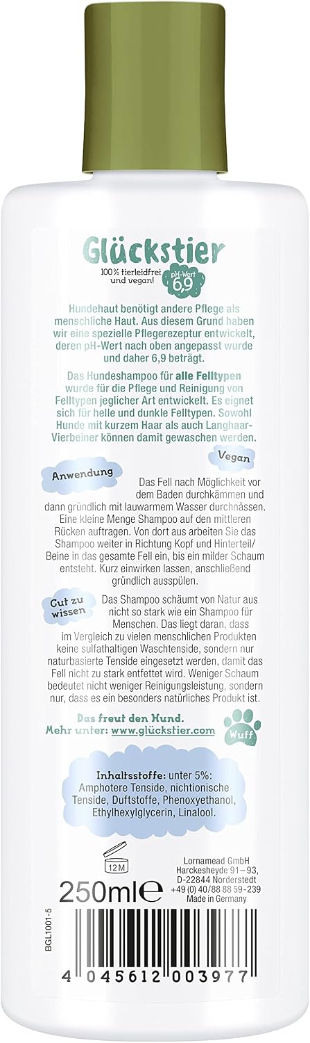 Glueckstier Hundeshampoo 250 ml - rueckfettend, pH‑angepasst, vegane Pflege