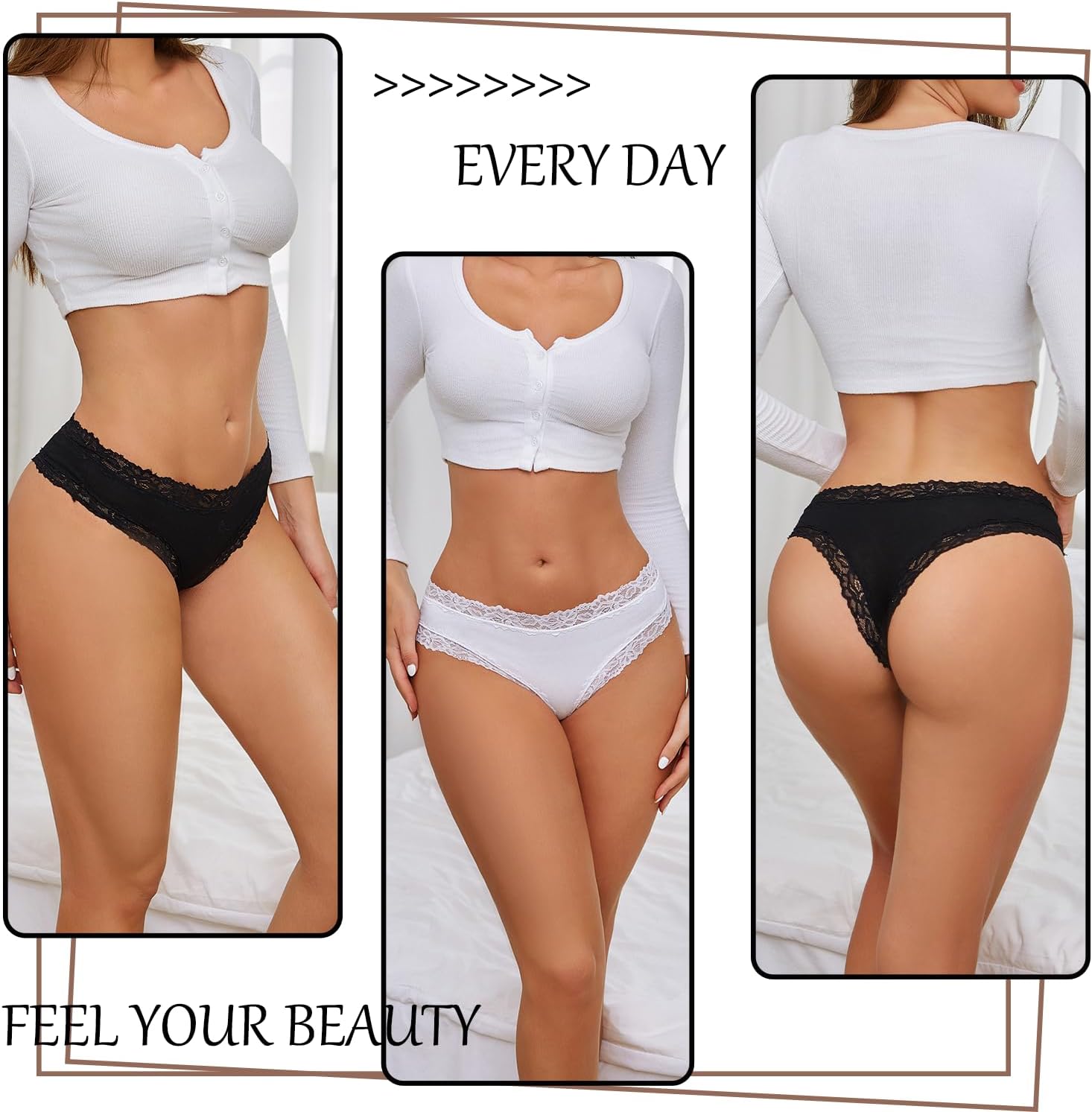 ALL OF SHE Damen Brazilian Slip mit Spitze, Baumwolle, atmungsaktiv, 5er Pack XS