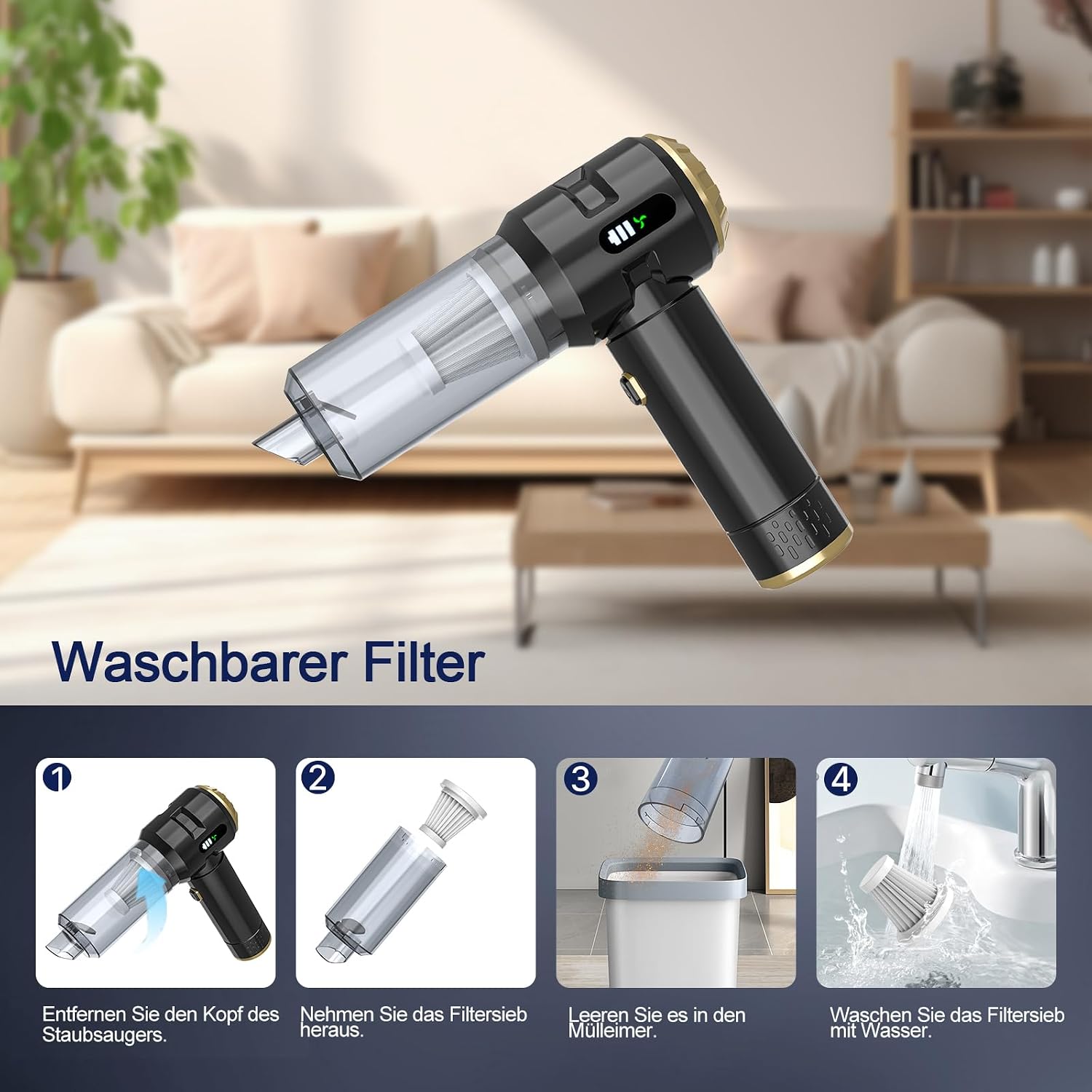 Akku Handstaubsauger 22000 Pa mit Blasfunktion Schwarz Gold