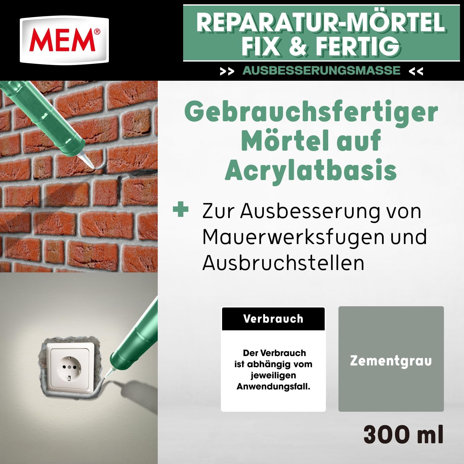 MEM Reparaturmoertel Zementgrau fuer Innen und Aussen