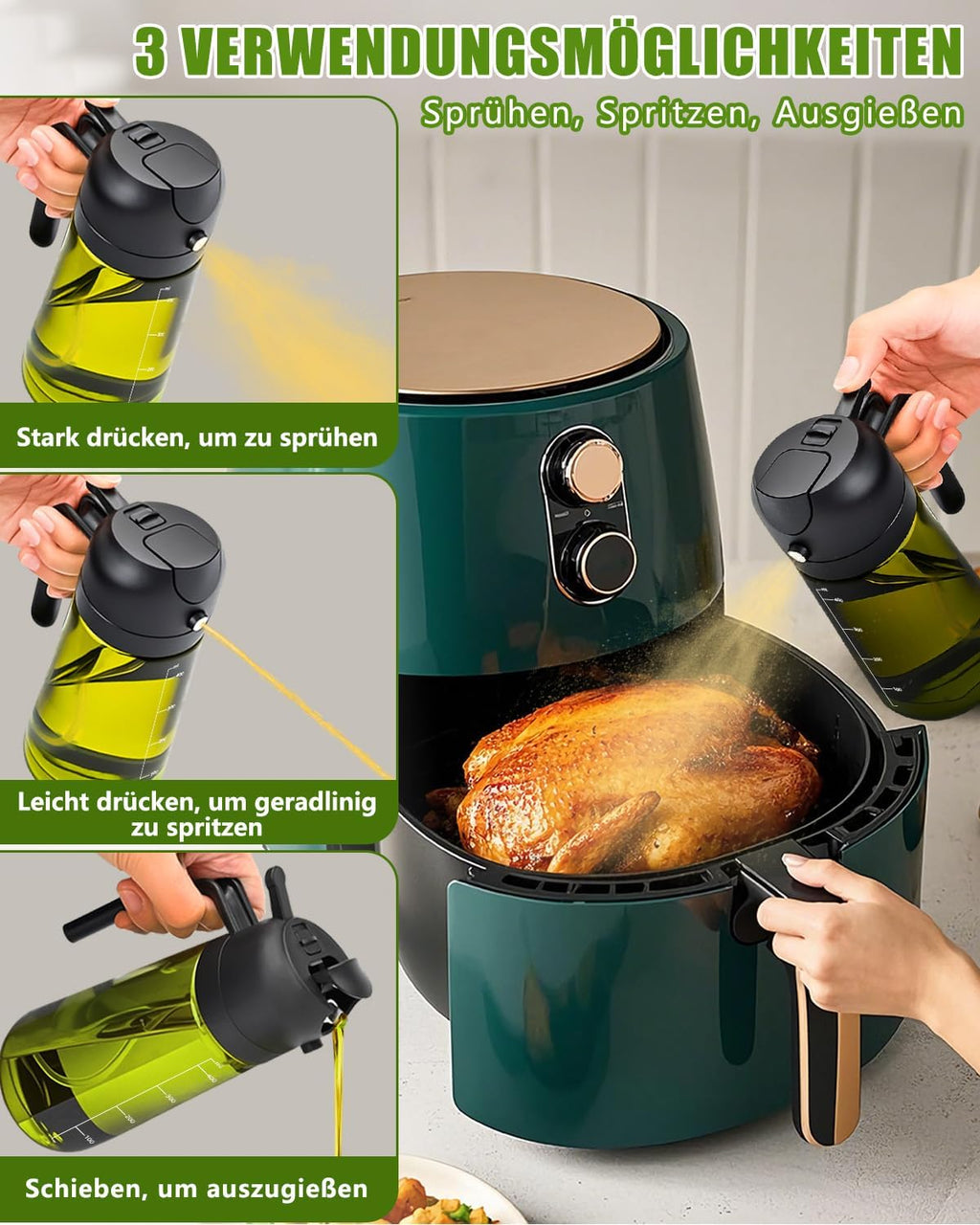2in1 Oelsprueher 470 ml mit UV-Schutz fuer Kochen Grill Heissluftfritteuse