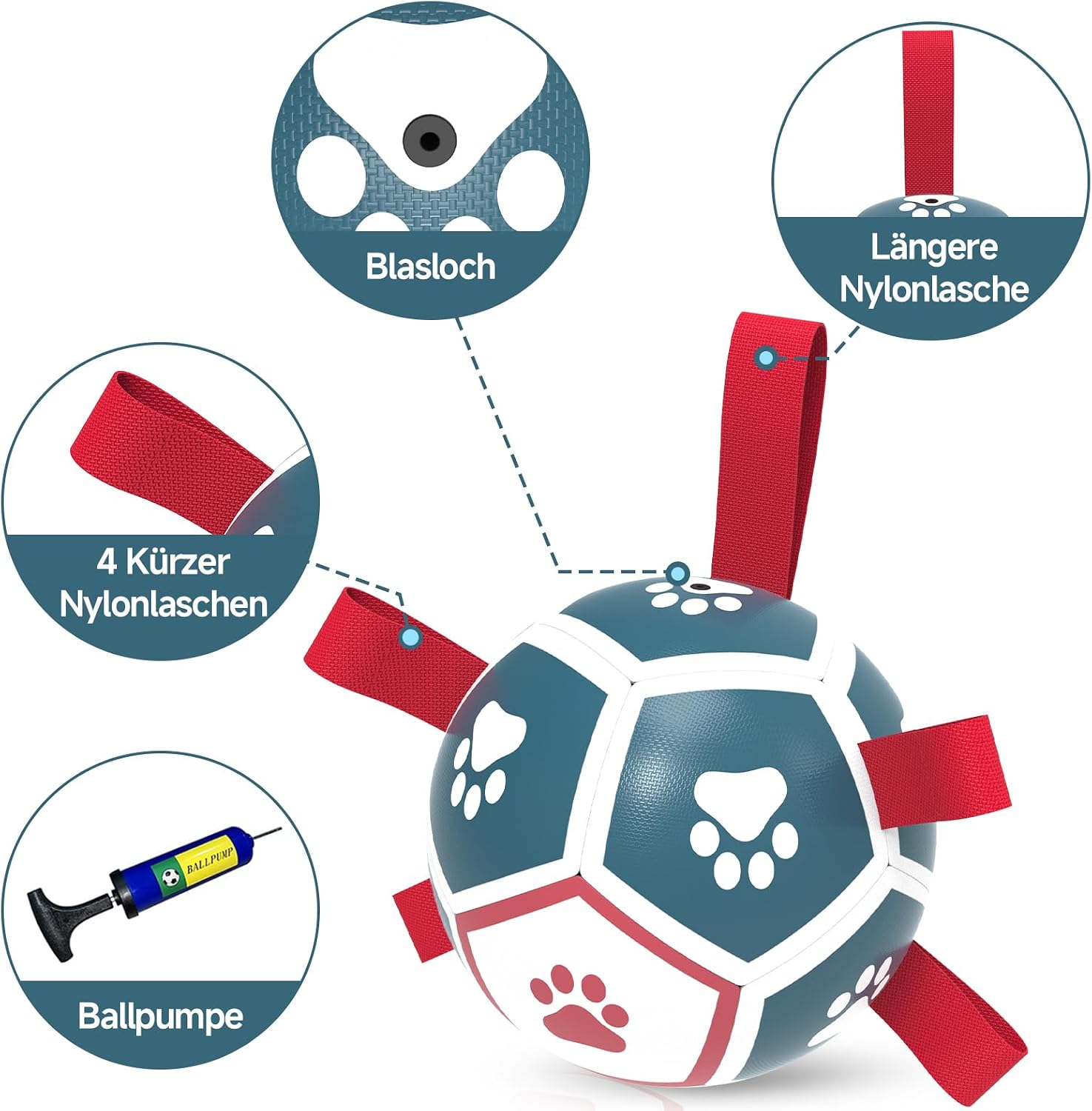 HETOO Hundeball mit Griff 8 Zoll Rot/Blau, interaktives Hundespielzeug S-XL