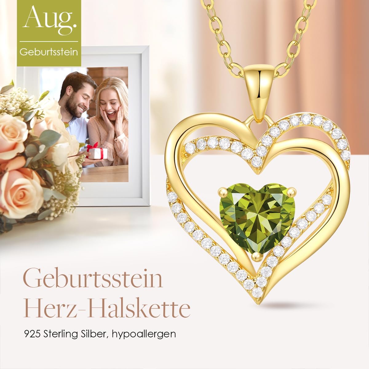 Damen Herzkette 925 Sterling Silber verschiedene Farben Geburtsstein Anhaenger