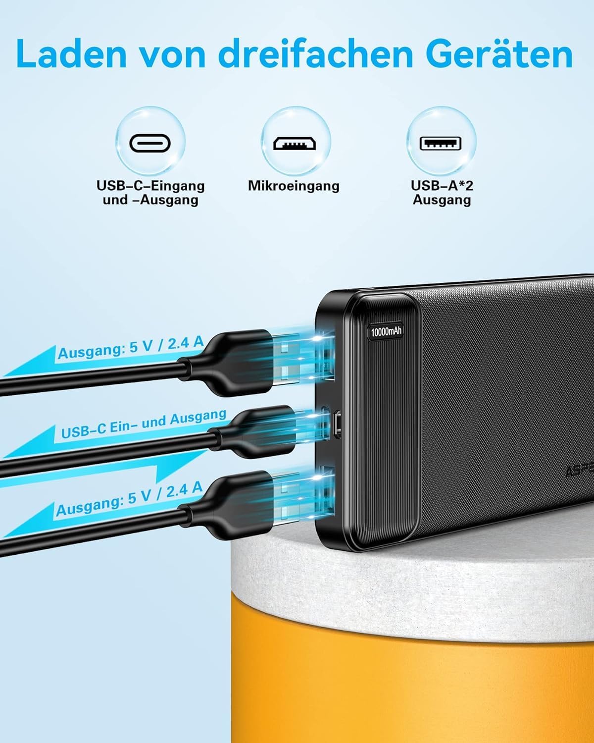 AsperX Power Bank 10000 mAh Dual Pack 4 Ports USB‑C Eingang Ausgang fuer iPhone i