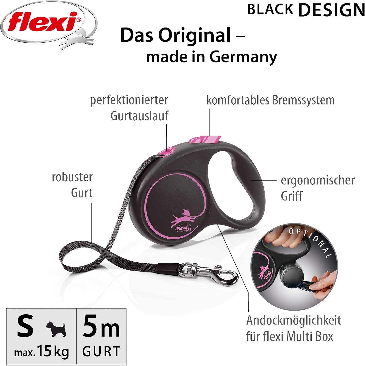 flexi Black Design S Roll-Leine 5m fuer Hunde bis schwarz/silber 5m