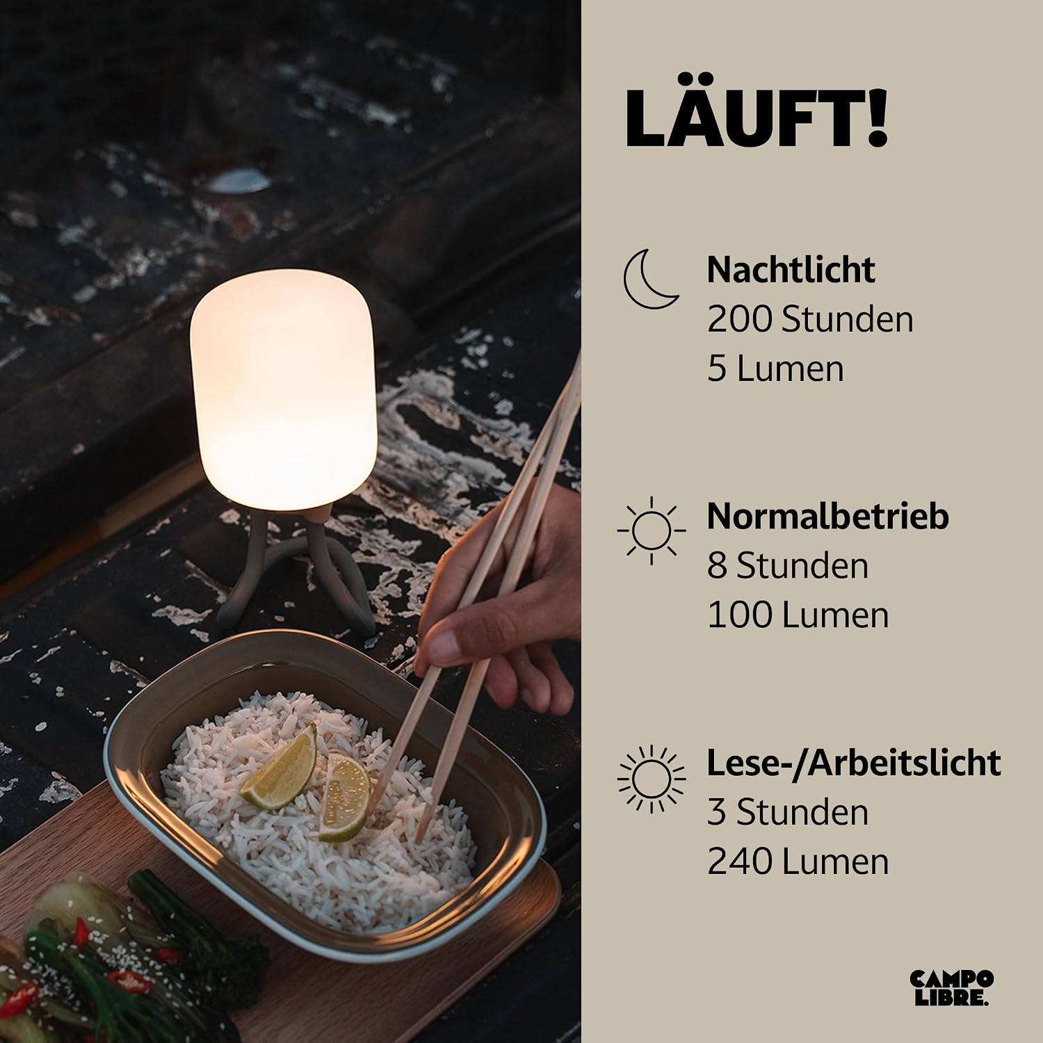 Campo Libre LENI I wiederaufladbare dimmbare Campinglampe zum Aufhaengen Moos