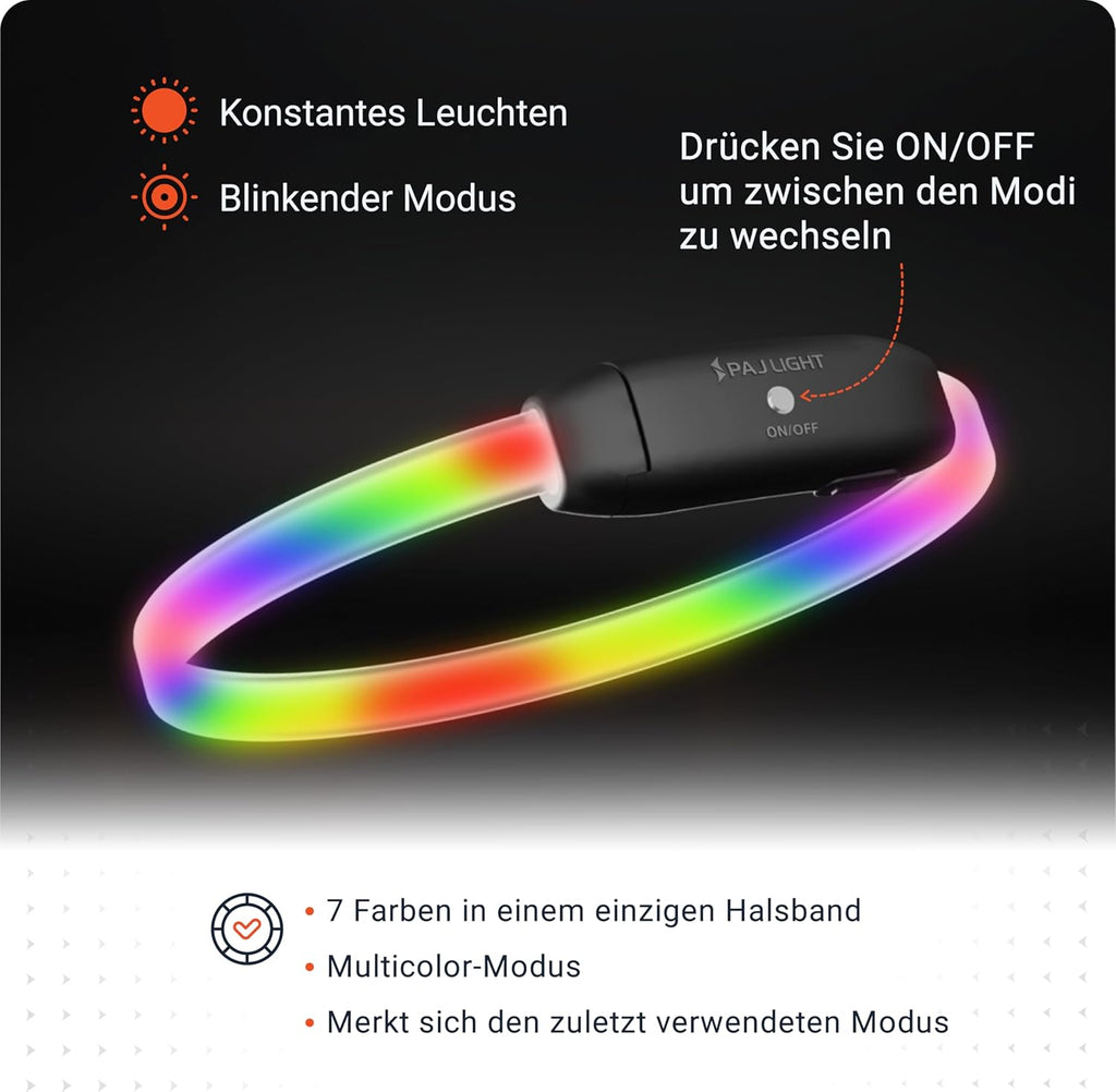 PAJ Light LED Hundehalsband cm verstellbar wasserfest schwarz, 7 Farben