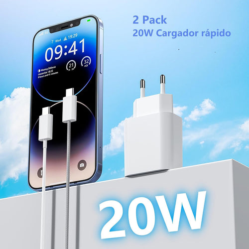 2er Pack 20W USB‑C PD 3.0 Ladegeraet mit 2 m USB‑C Kabel fuer iPhone iPad