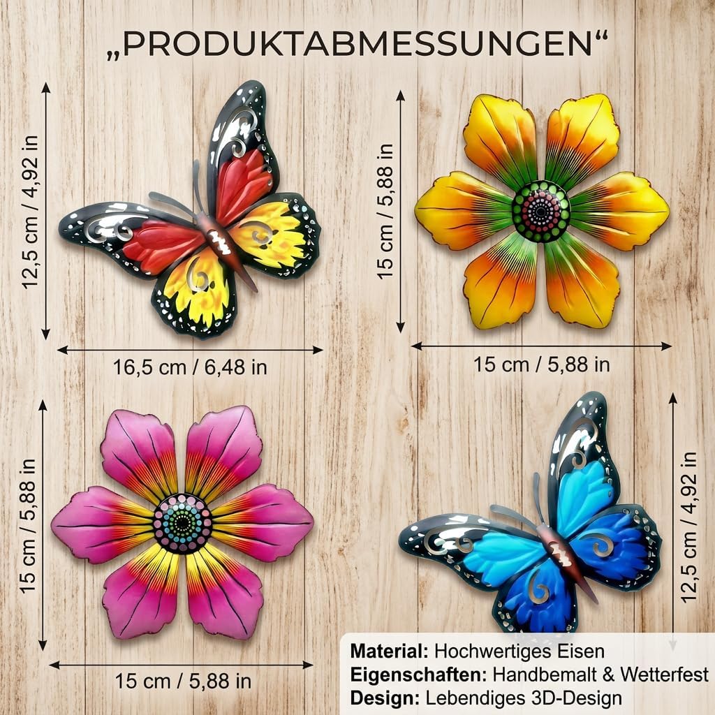 4er-Set Metall Gartenornamente Schmetterling Blumen Wanddeko aussen