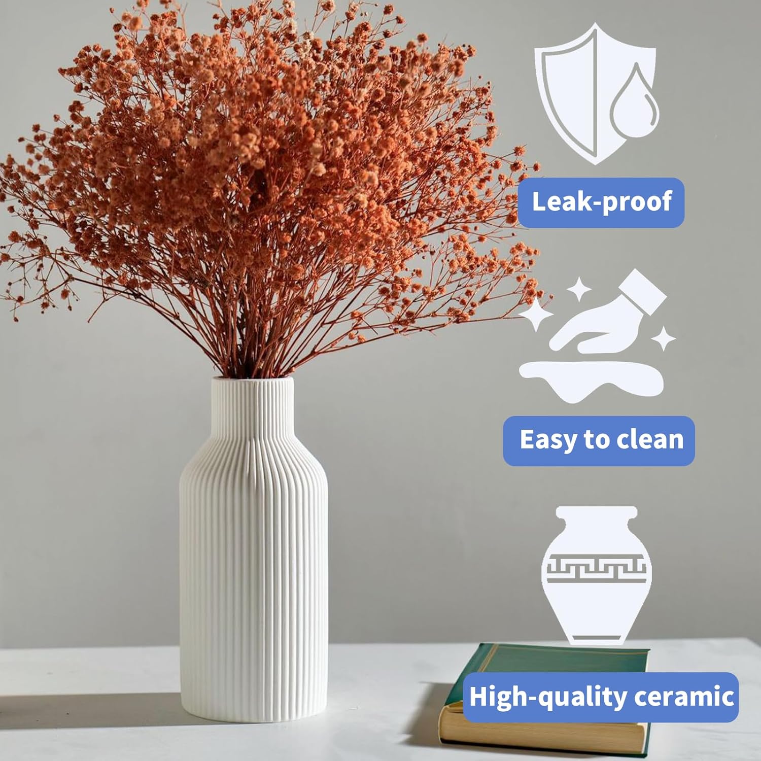 Keramikvase 20 cm hoch - kleine Dekovase fuer Pampasgras, Esstisch, Buecherregal