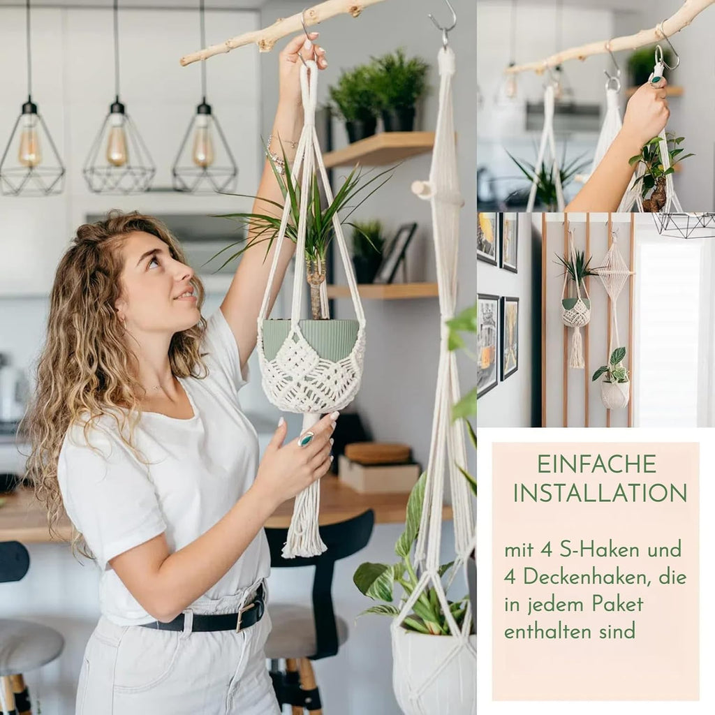 Makramee Blumenampel 4er Set Baumwollseil Haengeampel mit Haken Creme