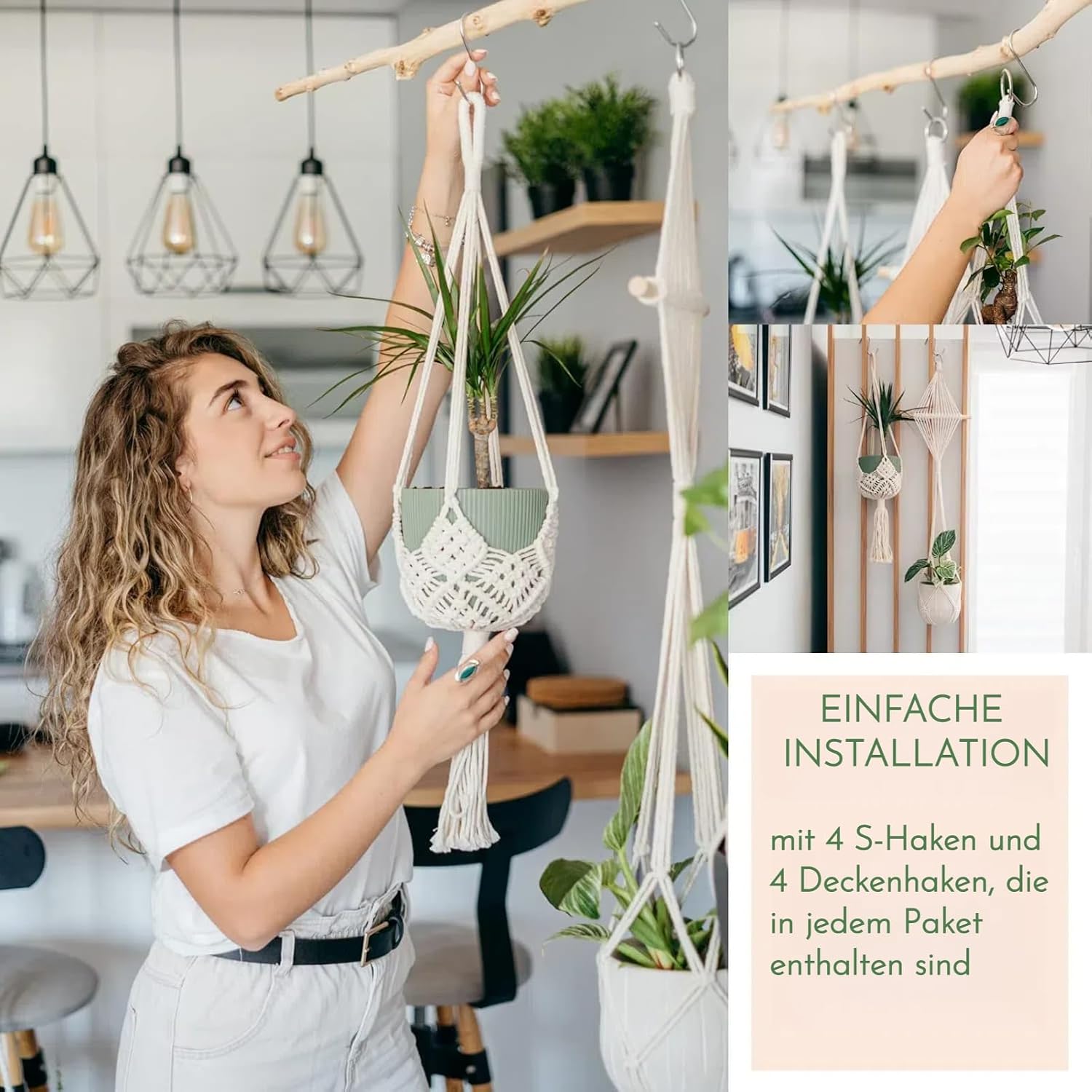 Makramee Blumenampel 4er Set Baumwollseil Haengeampel mit Haken Creme